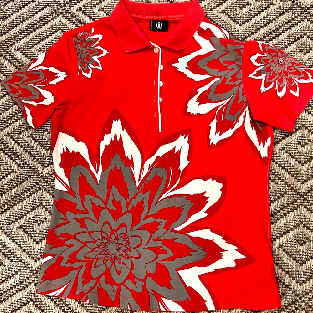 Bogner, Hot Red, short sleeve polo with ribbed collar, M, figure flattering!